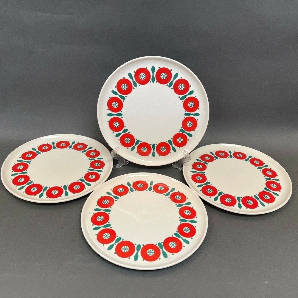 Vintage Anfora Mexico Dinner Plates White Red Green 9 1/2" Lot of‎ 4